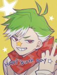 1boy antenna_hair beige_jacket character_name commentary_request daimonji_ryugon eyebrows_behind_hair facial_mark green_hair green_nails grin happy_birthday highres jersey logo long_sleeves male_focus marotani multicolored_hair nail_polish portrait red_eyes red_scarf scarf shirt simple_background sleeveless sleeveless_jacket smile solo star_(symbol) two-tone_hair v virtual_youtuber voms white_hair white_shirt yellow_background 