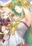  1boy 2girls angel aramachi armlet armpits bangs bare_shoulders blonde_hair blue_eyes breasts brown_hair bust_measuring closed_eyes dress goddess gold green_hair highres jewelry kid_icarus kid_icarus_uprising large_breasts long_hair measuring multiple_girls nachure neck_ring necklace palutena parted_bangs pendant pit_(kid_icarus) strapless strapless_dress vambraces very_long_hair white_dress 