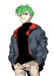  1boy absurdres beige_pants black_shirt blue_jacket daimonji_ryugon english_commentary facial_mark green_hair hands_in_pockets highres hjjeon02 hood hooded_jacket jacket male_focus multicolored_hair pants red_eyes shirt simple_background smile solo star_(symbol) turtleneck two-tone_hair virtual_youtuber voms white_background white_hair 