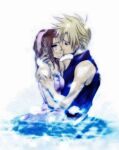  1boy 1girl aerith_gainsborough armor_removed bangs bare_arms blonde_hair braid braided_ponytail brown_hair cloud_strife couple crying dress final_fantasy final_fantasy_vii hair_ribbon hana_(interstice) jacket jacket_removed parted_bangs partially_submerged pink_dress ribbon sleeveless sleeveless_turtleneck spiked_hair square_enix tears turtleneck upper_body water 