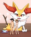  2022 5_toes absurd_res ambiguous_gender anthro areola ash_ketchum balls braixen breasts canid canine covering covering_crotch feet female front_view fur genitals group hair hi_res human inksgirls larger_ambiguous larger_anthro looking_at_viewer male mammal nintendo nipples nude penis pink_tongue pok&eacute;mon pok&eacute;mon_(species) red_body red_fur serena_(pok&eacute;mon) shadow size_difference smaller_female smaller_human smaller_male standing teeth toes tongue trio video_games white_body white_fur yellow_body yellow_ears yellow_fur yellow_tail 