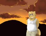  2014 belly big_belly black_nose bottomwear brown_body brown_fur canid canine clothing fur hi_res kemono kounosuke_(morenatsu) male mammal morenatsu mountain nazimi00 outside overweight overweight_male raccoon_dog shirt shorts solo sunset tanuki topwear video_games visual_novel 