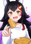  1girl animal_ear_fluff animal_ears black_hair clothing_cutout fang feeding food fork heart highres holding holding_fork hololive multicolored_hair ookami_mio open_mouth pie red_hair streaked_hair tkc_(user_snjd8547) virtual_youtuber wolf_ears wolf_girl 
