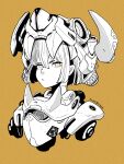  1girl acky_bright animal_ears artist_name bangs cloud_print engine fake_animal_ears fangs highres kanji looking_to_the_side mecha_musume mechanical_parts monochrome orange_background orange_theme original portrait pout serious short_hair solo translation_request 