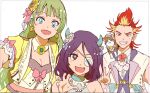  1boy 2girls :d akai_suzaku blonde_hair blush eyepatch gao green_hair grin hayasaka_mirei horns idol idolmaster idolmaster_cinderella_girls idolmaster_million_live! idolmaster_poplinks idolmaster_side-m looking_at_viewer multicolored_hair multiple_girls purple_hair red_hair selfie shimabara_elena simple_background smile streaked_hair tatsusen upper_body v white_background 