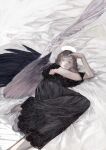  1girl angel_wings bed_sheet black_dress black_wings brown_eyes brown_hair commentary dress english_commentary feathered_wings feet_out_of_frame hand_on_own_head highres lace-trimmed_dress lace-trimmed_sleeves lace_trim long_hair looking_at_viewer lying mismatched_wings on_side original parted_lips syalgu white_wings wings 