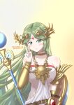  1girl absurdres armlet bangs bare_shoulders breasts dress forehead_jewel goddess gold green_eyes green_hair highres jewelry kid_icarus large_breasts laurel_crown long_hair neck_ring necklace palutena parted_bangs pendant shield solo staff strapless strapless_dress super_smash_bros. taro_(peach_taro51) vambraces very_long_hair white_dress 