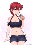 1girl absurdres artist_name bangs black_bra black_shorts blue_eyes bra braid breasts coffee_cup cup disposable_cup drinking drinking_straw frilled_bra frills hair_between_eyes highres holding holding_cup large_breasts long_hair looking_to_the_side midriff navel off-shoulder_shirt off_shoulder ranma-chan ranma_1/2 red_hair saotome_ranma satelyte_art shirt shorts side-tie_shorts solo underwear 
