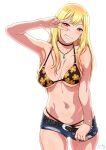  1girl arm_up armpits bangs bare_shoulders belt bikini black_choker blonde_hair blue_shorts blush bracelet breasts breasts_apart choker collarbone commentary_request denim denim_shorts ear_piercing earrings eyebrows_visible_through_hair fake_nails floral_print grin gyaru highres jewelry kitagawa_marin large_breasts long_hair looking_at_viewer navel navel_piercing necklace o-ring o-ring_bikini piercing print_bikini red_eyes revision short_shorts shorts simple_background smile solo sono_bisque_doll_wa_koi_wo_suru suna swimsuit underboob w w_over_eye white_background 