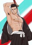  1boy abs armpit_hair bara bare_pectorals belt biceps black_hair bleach brown_eyes chest_hair danichigo facial_hair hairy hakama highres japanese_clothes katana kimono kurosaki_isshin large_pectorals long_sideburns long_sleeves looking_at_viewer male_focus mature_male muscular muscular_male navel navel_hair nipples pectorals serious shinigami sideburns spiked_hair stubble sword thick_arms weapon 