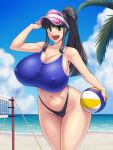  1girl ball beach beachball bikini black_hair breasts cameltoe cleavage commentary_request covered_nipples huge_breasts kawanuma_uotsuri long_hair navel ocean open_mouth original ponytail solo swimsuit thighhighs 