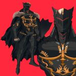  1boy absurdres armor cape chest_plate close-up crotch_plate gauntlets helmet highres knight leg_armor male_focus muscular muscular_male original red_background robot shoulder_armor shoulder_pads solo vulpetrope 