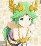  1girl absurdres armlet bangs bare_shoulders blush breasts cleavage dress ega-chan forehead_jewel goddess gold green_eyes green_hair highres jewelry kid_icarus kid_icarus_uprising large_breasts laurel_crown long_hair neck_ring necklace nintendo palutena parted_bangs pendant side_slit single_thighhigh solo strapless strapless_dress thighhighs vambraces very_long_hair white_dress 