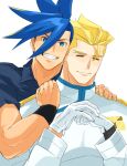  2boys blonde_hair blue_eyes blue_hair bracelet buzz_cut close-up closed_eyes collared_shirt galo_thymos gloves hand_on_shoulder holding_hands hug jewelry kray_foresight long_sleeves looking_at_viewer male_focus multiple_boys muscular muscular_male promare sake_(kadai) shirt short_hair shoulder_pads smile spiked_hair very_short_hair 