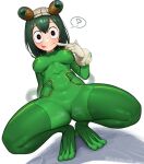  1girl :p ? arm_behind_back artist_name ass_visible_through_thighs asui_tsuyu bangs bodysuit boku_no_hero_academia breasts cameltoe covered_collarbone covered_navel dark_green_hair drooling dutch_angle feet_together finger_to_mouth frog_girl gloves goggles goggles_on_head green_bodysuit green_hair groin hand_up heart heart_in_eye highres leaning_back looking_at_viewer medium_breasts pussy_juice pussy_juice_drip_through_clothes shiny shiny_clothes skin_tight smile solo speech_bubble spoken_question_mark spread_legs squatting symbol_in_eye tongue tongue_out tungsten_(kwfr4544) twitter_username wide-eyed 