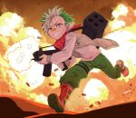  1boy badge beige_jacket button_badge clenched_teeth commentary_request daimonji_ryugon explosion facial_mark firing green_hair green_nails gun highres holding holding_gun holding_weapon jersey long_sleeves male_focus multicolored_hair nail_polish red_eyes red_scarf rocket_launcher running scarf shell_casing shirt sleeveless sleeveless_jacket solo star_(symbol) sweat teeth toromera two-tone_hair virtual_youtuber voms weapon weapon_on_back weapon_request white_hair white_shirt 