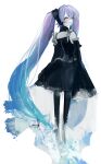  1girl absurdly_long_hair absurdres aqua_eyes aqua_hair bangs black_dress black_headwear black_legwear commentary detached_sleeves dress frilled_sleeves frills from_behind full_body gradient_hair hatsune_miku hatsune_miku_no_gekishou_(vocaloid) headset heterochromia highres long_hair looking_at_viewer looking_back multicolored_hair orange_eyes pantyhose purple_hair saniiiwan simple_background sleeves_past_fingers sleeves_past_wrists solo twintails two-tone_hair very_long_hair vocaloid white_background 