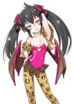  1girl animal_print arm_behind_head arm_up bare_shoulders black_hair blush breasts clothing_cutout commentary demon_girl demon_wings detached_sleeves feet_out_of_frame gengorou glowing glowing_eyes hand_on_hip head_tilt heart_cutout highres idolmaster idolmaster_cinderella_girls leopard_print leotard long_hair looking_at_viewer matoba_risa pantyhose parted_lips pink_leotard print_legwear sidelocks simple_background small_breasts smile solo strapless strapless_leotard twintails white_background wing_hair_ornament wings yellow_eyes 