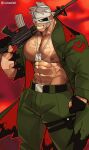  1boy abs artist_name bandages bara bare_pectorals belt clenched_hand collared_jacket facial_hair gloves grey_hair gun highres jacket jewelry large_pectorals leg_belt looking_at_viewer male_focus manly muscular muscular_male navel necklace nipples open_clothes open_jacket original over_shoulder pants pectorals ruisselait scar scar_on_arm scar_on_chest scar_on_face scar_on_stomach sideburns smirk solo stubble torn_clothes tusks weapon weapon_over_shoulder 