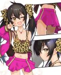  1girl animal_print black_hair blush camisole clothes_down cowboy_shot gengorou hair_between_eyes heart heart_necklace highres idolmaster idolmaster_cinderella_girls jacket jewelry leopard_print long_hair looking_at_viewer matoba_risa miniskirt multiple_views navel necklace one_eye_closed open_clothes open_jacket open_mouth pink_jacket print_camisole print_ribbon ribbon skirt smile strap_slip twintails v yellow_eyes 