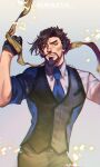  1boy armband beard black_eyes black_hair brant0815 collared_shirt facial_hair formal gloves hanzo_(overwatch) headband looking_at_viewer male_focus manly muscular muscular_male necktie overwatch pants pectorals scion_hanzo shirt solo sparkle spiked_hair suit thick_eyebrows tight upper_body 