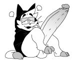  anthro big_penis boatboots bottomless clothed clothing cute_fangs domestic_cat eyewear felid feline felis genitals glasses hoodie huge_penis hyper hyper_genitalia hyper_penis jinu_(character) long_penis looking_at_viewer male mammal monochrome open_mouth partially_clothed penis reclining sailewder solo topwear 