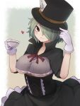  1girl bangs black_headwear black_souls breasts brown_eyes commentary_request cup gloves green_hair hand_on_headwear hand_on_own_head hat hatter_(black_souls) heart highres holding holding_cup large_breasts looking_at_viewer one_eye_covered short_hair simple_background smile solo top_hat underboob white_gloves yonaga_san 