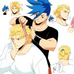  blonde_hair blue_eyes blue_hair bracelet buzz_cut closed_eyes comb combing galo_thymos half-closed_eyes hand_on_own_face jewelry kanji kray_foresight long_sleeves ponytail promare red_eyes sake_(kadai) shirt short_hair smile speech_bubble t-shirt thick_eyebrows very_short_hair 