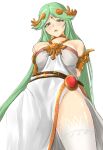  1girl armlet bangs bare_shoulders breasts dress forehead_jewel goddess gold green_hair highres impossible_clothes jewelry kid_icarus kid_icarus_uprising large_breasts laurel_crown long_hair neck_ring necklace palutena parted_bangs pendant side_slit single_thighhigh solo strapless strapless_dress thighhighs underbust vambraces very_long_hair white_dress zib_(boriku) 