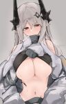  1girl arknights blush breasts coat crop_top_lift demon_horns ear_piercing eyebrows_visible_through_hair gloves grey_background grey_gloves grey_hair hair_ornament highres horns huge_breasts long_hair long_sleeves looking_at_viewer mikozin mudrock_(arknights) navel off_shoulder open_clothes open_coat oripathy_lesion_(arknights) piercing pointy_ears red_eyes simple_background solo sweat underboob upper_body white_coat 