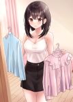  1girl bangs bare_shoulders black_skirt blue_shirt blush breasts brown_hair camisole cleavage closed_mouth collarbone curtains hands_up highres holding holding_clothes indoors long_hair long_sleeves original pink_eyes pink_shirt shirt skirt solo spaghetti_strap standing yukimaru217 