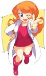  1girl ;d bangs blue_eyes boots coat dress hand_on_hip highres inkerton-kun knee_boots long_hair mona_(warioware) one_eye_closed open_mouth orange_hair pointing pointing_at_viewer red_dress red_footwear short_dress smile solo warioware white_coat 