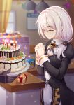  1girl 1other absurdres birthday birthday_cake black_dress black_gloves cake candle closed_eyes closed_mouth curtains dress food gift gloves happy_birthday highres honkai_(series) honkai_impact_3rd indoors long_hair long_sleeves own_hands_together praying side_ponytail smile theresa_apocalypse theresa_apocalypse_(valkyrie_pledge) white_hair window yiduan_zhu 