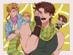  2boys 4boys :d b01222 bare_shoulders battle_tendency blonde_hair blue_jacket brown_hair caesar_anthonio_zeppeli chibi crossed_arms dual_persona facial_mark feather_hair_ornament feathers fingerless_gloves gloves green_eyes green_scarf hair_ornament hand_to_own_face headband hermit_purple highres jacket jojo_no_kimyou_na_bouken joseph_joestar joseph_joestar_(young) male_focus multicolored_clothes multicolored_scarf multiple_boys one_eye_closed pink_scarf plant pout scarf smile stand_(jojo) striped striped_scarf thorns triangle_print vertical-striped_scarf vertical_stripes vines yellow_scarf 