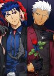  2boys akujiki59 archer_(fate) belt blue_hair bouquet box coat collared_shirt cu_chulainn_(fate) cu_chulainn_(fate/stay_night) ear_piercing earrings fate/stay_night fate_(series) flower formal gloves grey_eyes jewelry looking_at_viewer male_focus manly multiple_boys one_eye_closed open_clothes open_coat piercing ponytail red_eyes ring rose shirt slit_pupils smile spiked_hair stud_earrings suit sweater tan turtleneck turtleneck_sweater upper_body white_hair 