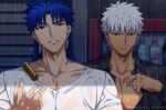  2boys akujiki59 archer_(fate) artist_name blue_hair close-up collared_shirt cu_chulainn_(fate) cu_chulainn_(fate/stay_night) ear_piercing earrings fate/stay_night fate_(series) grey_eyes jewelry long_hair male_focus multiple_boys outdoors pectoral_cleavage pectorals piercing rain red_eyes see-through_shirt shirt stud_earrings t-shirt tan vending_machine wet wet_clothes white_hair 