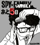  1boy afro artist_name big_hair black_hair comb combing copyright_name countdown facial_hair franky_franklin glasses goatee grey_background monochrome official_art sideburns solo spy_x_family 