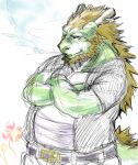  2018 anthro asian_mythology beard belt black_clothing black_shirt black_topwear clothing dragon east_asian_mythology eastern_dragon facial_hair green_body green_scales horn male mane morenatsu muscular muscular_male mythology pipe scales scalie shirt slightly_chubby smoking solo tappei_(morenatsu) tiluta topwear video_games visual_novel 