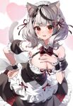  1girl alternate_costume animal_ears apron blush bow bowtie breasts cat_ears cat_tail cleavage commentary_request detached_collar detached_sleeves dress enmaided frills grey_hair hand_on_hip hand_up highres hololive large_breasts leaning_forward looking_at_viewer maid maid_apron maid_headdress masyu_jyaga medium_hair open_mouth plaid plaid_bow plaid_bowtie red_eyes red_nails sakamata_chloe solo sweatdrop tail virtual_youtuber wrist_cuffs 