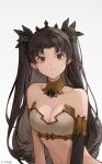  1girl absurdres bandana bare_shoulders black_ribbon breasts brown_hair cleavage closed_mouth commentary_request earrings fate/grand_order fate_(series) grey_background hair_ribbon highres ishtar_(fate) jewelry long_hair looking_at_viewer medium_breasts muyu713 navel red_eyes ribbon simple_background solo tiara two_side_up upper_body white_bandana 