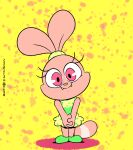  accessory anthro cartoon_network chowder_(series) clasped_hands clothing cute_fangs dress female footwear fur green_clothing green_footwear green_shoes hair_accessory hairband hi_res hybrid joaoppereiraus lagomorph leporid looking_at_viewer mammal panini_(chowder) pink_body pink_eyes pink_fur pink_nose procyonid rabbit raccoon shoes simple_background smile solo standing toony yellow_clothing yellow_dress 