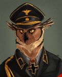  avian bird black_uniform clothing cross hat headgear headwear hi_res iron_cross male military military_cap military_uniform nazi nazi_armband nazi_uniform owl saberhorn solo uniform 