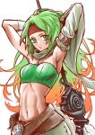  +_+ 1girl abs absurdres armlet armpits arms_up bangs bare_shoulders belt belt_pouch breasts brown_belt cleavage commentary_request cowboy_shot detached_sleeves duel_monster fur gradient_hair green_eyes green_hair green_skirt green_sleeves green_tube_top groin headband highres holding holding_staff kyohei_inoue long_hair looking_at_viewer medallion midriff multicolored_hair navel orange_hair parted_hair parted_lips partial_commentary pouch red_headband reeze_whirlwind_of_gusto scarf sidelocks simple_background single_detached_sleeve skirt small_breasts solo staff standing strapless tube_top two-tone_hair white_background wide_sleeves yu-gi-oh! 