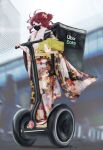  1girl absurdres black_kimono blurry blurry_background box brand_name_imitation cityscape eyebrows_visible_through_hair floral_print flower food_delivery_box full_body fur_scarf furisode hair_flower hair_ornament highres holding holding_box japanese_clothes kanzashi kimono long_hair lunchbox maisondecante mask motion_blur mouth_mask obi obijime okobo original outdoors pink_flower print_kimono purple_eyes red_flower red_hair riding sash segway solo_focus surgical_mask tabi tied_hair uber_eats white_legwear wide_sleeves 