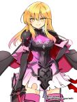  1girl armor bangs black_gloves blonde_hair cape dress elbow_gloves eyebrows_visible_through_hair fire_emblem fire_emblem:_genealogy_of_the_holy_war fire_emblem_heroes gloves hair_between_eyes hand_on_hip holding holding_sword holding_weapon lachesis_(fire_emblem) long_hair looking_at_viewer official_alternate_costume shoulder_armor sidelocks skirt smile solo sword torn_clothes weapon white_background yellow_eyes yukia_(firstaid0) 