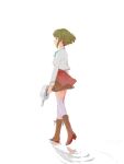  1girl bangs boots brown_footwear closed_mouth from_side full_body green_hair holding jacket kantai_collection knee_boots profile short_hair simple_background skirt solo sowamame standing takanami_(kancolle) takanami_kai_ni_(kancolle) thighhighs walking white_background white_jacket 