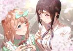  2girls bangs blonde_hair blurry blurry_foreground blush brown_hair cherry_blossoms closed_mouth collared_shirt dress_shirt embarrassed flower frills green_eyes green_ribbon green_shirt hair_ribbon hibike!_euphonium highres kuziaaizuk looking_at_another medium_hair multiple_girls nakaseko_kaori neck_ribbon open_mouth outdoors petals pink_eyes pink_flower ribbon shirt short_hair smile standing white_shirt yoshikawa_yuuko 