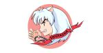  1boy animal_ears character_name commentary_request dog_boy dog_ears emblem face fang fingernails from_side grin inuyasha inuyasha_(character) long_hair looking_at_viewer sharp_fingernails simple_background slit_pupils smile teeth thompson_(solowingfh) white_background white_hair yellow_eyes 