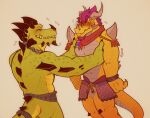  activision anthro black_horn blush carrying dragon duo facial_hair goatee green_body gunnar_(spyro) hair hi_res horn male muscular muscular_anthro muscular_male purple_hair scalie simple_background spyro_reignited_trilogy spyro_the_dragon teeth titan_(spyro) video_games xeoniios yellow_body 