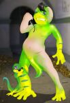  2008 anthro black_hair duo eyewear featureless_crotch gecko gex_(series) gex_the_gecko grabbing_legs green_body grin hair hair_loss human lizard male mammal mid_transformation navel reptile scalie smile species_transformation stormdragonblue sunglasses transformation tunnel video_games 